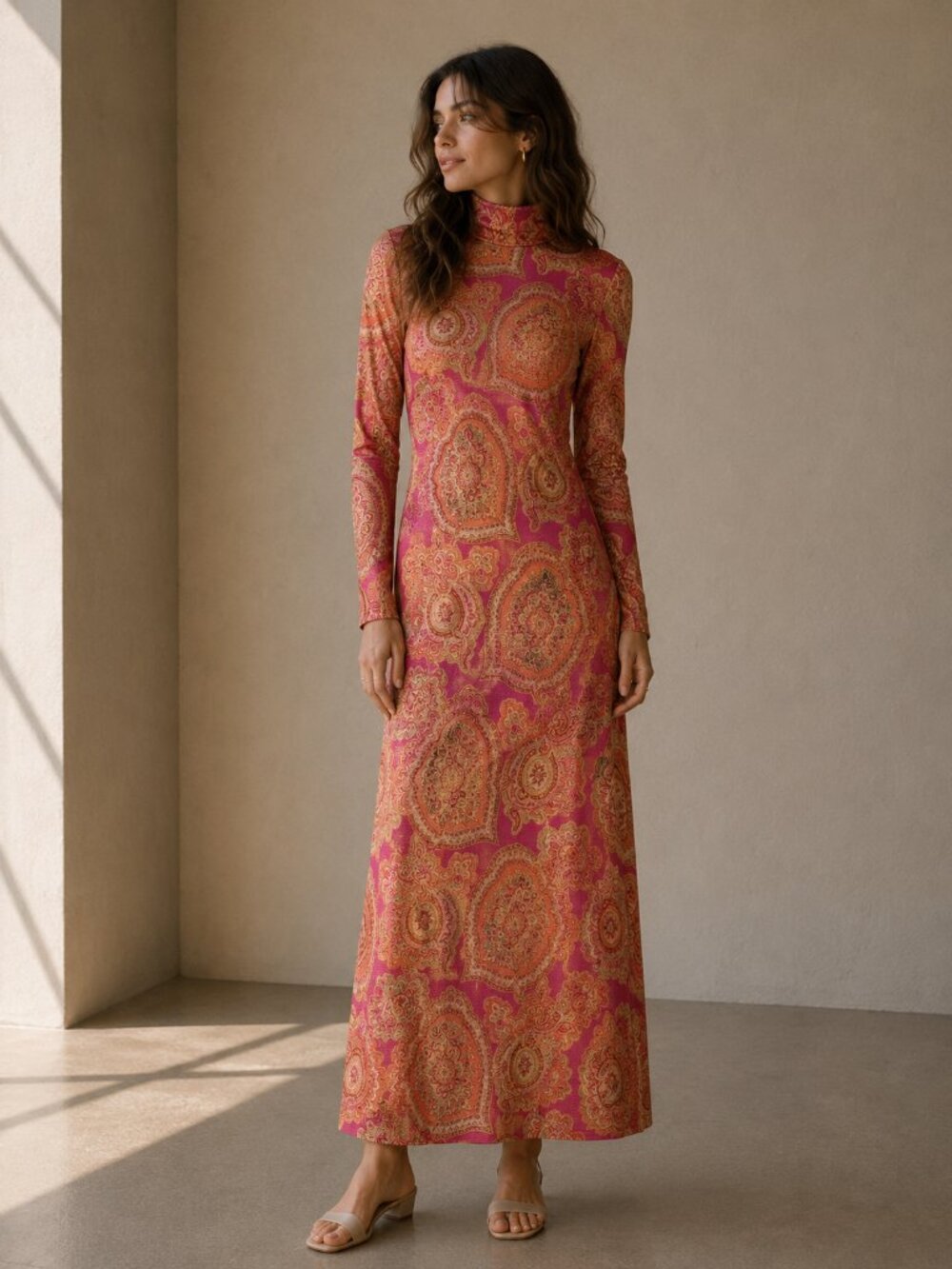 Vintage Sears 1960s Mock Neck Long Sleeve Psychedelic Maxi Dress Size 8